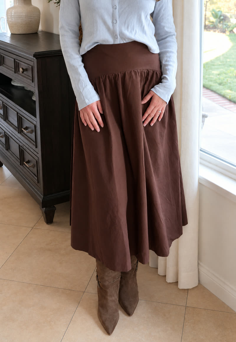 The Bramble Cotton Midi Skirt in chocolate brown